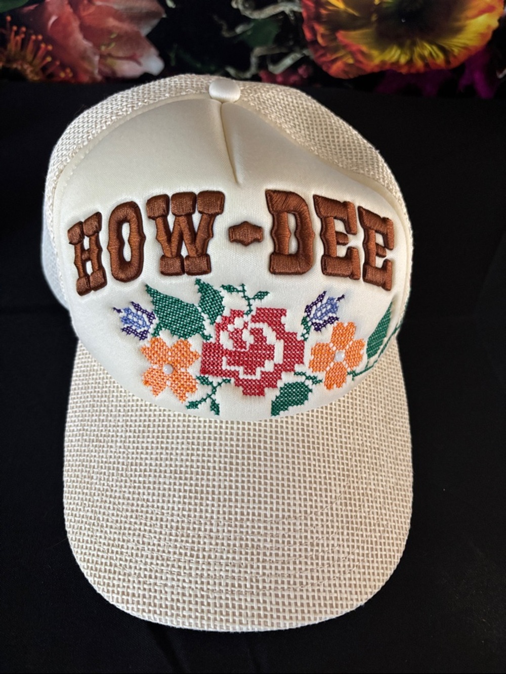 How-Dee Floral Embroidered White Women’s Trucker Hat